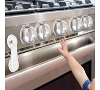 GRENFU Stove Knob Safety Covers (5 + 1 Pack) - Double-Key, Universal Size Gas Stove Knob Locks with Strong Double-Sided Tape, Heat-Resistant Oven Knob Covers for Child Safety/Pet Safety, Clear View