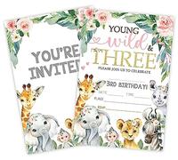GREOXG Young Wild Three Birthday Invitations, 3Rd Animals Theme Party Invite Cards（20 Count With Envelopes, Fill In Style Invite Cards For Boys & Girls, Birthday Party Supplies-C06