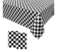 GRESATEK 2PCS Black White Checkered Table Cloth,Racing Party Table Cover Disposable Plastic Table Cloth Decorations for Racing Picnic Banquet Birthday Tea Party Decorations 137 x 274cm