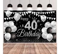 GRESATEK 40th Birthday Decorations - Happy 40th Birthday Banner for Men & Women - Black & Silver Backdrop Banner for Anniversary Parties & Photo Booths