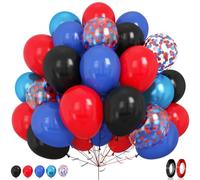 GRESATEK 50pcs Latex Balloon Set, Red-black-blue, 12 Inch, for Boys Men Super Spider Hero Themed Party Decor, Unisex, Includes Confetti Balloon & Ribbons