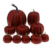 Gresorth 10pcs Fake Wine Red Pumpkins Halloween Decoration Artificial Assorted Pumpkins Set for Porch Home Party Kitchen Table Autumn Fall Centerpiece