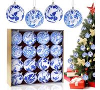 Gresorth 16 Pcs Blue White Chinoiserie Ornament Christmas Chinoiserie Ball Ornaments Hanging Balls Bauble Decoration Shatterproof Lightweight Fabric Sphere Decor Fireplace Xmas Tree