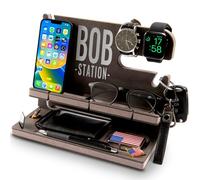 Greta Oto Personalized Wooden Docking Station for Cell Phone, Tablet, Wallet, Gadgets, Accessories, Essentials, Desk Organiser, Storage Stand for Work Desk, Nightstand, Gifts for Men (Gray)