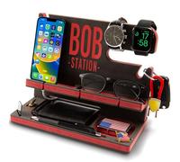 Greta Oto Personalized Wooden Docking Station for Cell Phone, Tablet, Wallet, Gadgets, Accessories, Essentials, Desk Organiser, Storage Stand for Work Desk, Nightstand, Gifts for Men (Red)