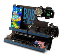 GRETAOTO Personalized Wooden Docking Station for Cell Phone, Tablet, Wallet, Gadgets, Accessories, Essentials, Desk Organiser, Storage Stand for Work Desk, Nightstand, Gifts for Men (Blue)