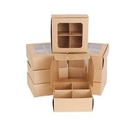 GRETEL BAKING Treat boxes with window and dividers | 4 MEDIUM compartments | 6 x 6 x 2.4 in | Valentine treat boxes, baked goods packaging, box for cookies, pastry packaging | 24-pack (Kraft)