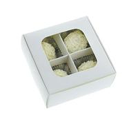 Gretel Mini Treat Boxes with Window and Dividers - Extra Small - Four Compartment Candy and Truffle Boxes Packaging for Homemade Chocolates and Candies - 3.5 x 3.5 x 1.57 inches | Pack of 20 (White)