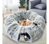 GRETMIX Cat Toys,Cat Toys for Indoor Cats,Expandable Cat Tunnel Bed with Teaser Ball C-Tube and Plush Bed with Mat,Gray Round for Large Cats,33.5X10inches Cat Tunnel