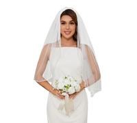 Grettytling Wedding Veil Pearls and Crystals Beaded Edge 1 Tier Soft Tulle Fingertip Length Bridal Veil with Comb, Off White-length 31", Medium