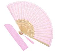 Grevosea 1 Pcs Folding Hand Fan, Pink Lace Vintage Retro Fabric Hand Held Chines/Spanish Foldable Fans for Men/Women Wedding Party Favor Performance Dance Home Decorations Festival Gift