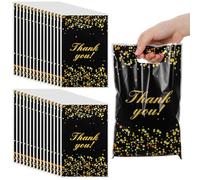 Grevosea 100 Pcs Thank You Gift Bags, Black and Gold Small Thank You Bags Plastic Reusable Shopping Bags with Handles for Birthday Party Favors Small Business Packaging Products(9.8 * 6.5in)