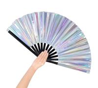 Grevosea 13" Rave Fan, Large Folding Hand Rave Fan, Glitter Holographic Folding Fans for Lridescent Festivals Rainbow Outfits Disco Party Home Decoration and Cooling in Various Occasions