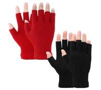 Grevosea 2 Pair Fingerless Gloves, Winter Half Finger Gloves Thickened Cashmere Warm Glove Knit Touchscreen Warm Stretchy Mittens Fingerless Glove for Men and Women (Black+Red)