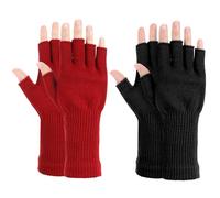 Grevosea 2 Pair Fingerless Gloves with Long Sleeves, Winter Half Finger Gloves Thickened Cashmere Warm Glove Knit Touchscreen Warm Stretchy Mittens Fingerless Glove for Men and Women Black+Red