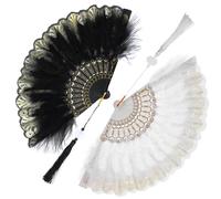 Grevosea 2 Pieces Marabou Feather Fan, Vintage Feather Hand Fan, Embroidered Flower Marabou, 1920s Style Folding Fans for Costume Party Dancing Wedding Decor Black and White