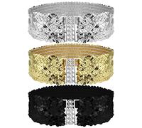 Grevosea 3 Pieces Sequin Belt Dress Belts for Women, Gold Wide Waist Belt Elastic Stretch Waistband Cinch Belt Metal Buckle for 70s 80s Costume Party Disco Party Women Girls (Gold Silver Black)