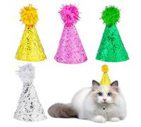 Grevosea 4pcs Mini Party Hats for Cats & Dogs, White, Pink, Green, Yellow, Artificial Leather, Secure Fit, Birthday Occasion