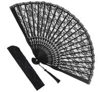 Grevosea Folding Hand Fan, Black Lace Vintage Retro Fabric Fans Hand Held Chines/Spanish Foldable Fan for Men/Women Wedding Party Favor Performance Dance Home Decorations Festival Gift(Black)