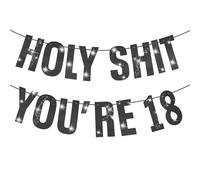 Grevosea Happy 18th Birthday Banner, 18th Birthdays Decorations for Women Men Gold Glitter Banner Party Decor Sign Funny Party Supplies Holy Shit You're 18 Birthday Banners Black