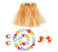 Grevosea Hawaiian Hula Dancer Grass Skirt with Flower Costume Set Birthday Tropical Beach Party Decorations 40cm 6 Pack(Straw Color)