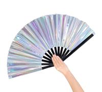 Grevosea Large Folding Hand Rave Fan, 13" Glitter Holographic Rave Folding Fan for Lridescent Festivals Rainbow Outfits Disco Party Home Decoration and Cooling in Various Occasions
