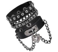 Grevosea Rivet Bracelet, Multilayer Heart Pendant Leather Punk Bracelet, Adjustable Black Cuff with Rivet Studs Chain Wristband for Rock Sports