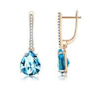 Grewod 18K Earrings, Women Teardrop Blue Topaz with Lab Created Diamond Drop Earrings Hypoallergenic Jewellery