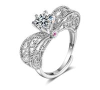 Grewod 18K White Gold Ring, Women Adjustable Vintage Vine White Round Moissanite with Ruby Wedding Anniversary Band Size O 1/2
