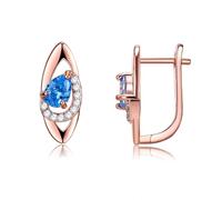 Grewod 9K Rose Gold Hoop Earrings, Women Teardrop Blue Topaz with Lab Created Diamond Earrings