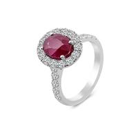 Grewod Anniversary Bands for Women 14K White Gold Elegant Halo 2ct Oval Created Ruby with Moissanite Jewellery Rings Simple Size O 1/2