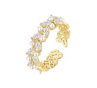 Grewod Anniversary Ring, Women 18K Gold Open Leaf White Marquise Lab Created Diamond with Pearl Rings Jewellery Size O 1/2