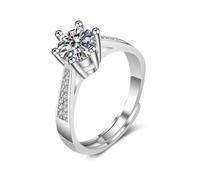 Grewod Anniversary Ring, Women 9K White Gold Elegant 6 Prong 1ct 6.5MM Adjustable White Round Lab Created Diamond Simple Promise Rings Size S 1/2