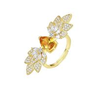 Grewod Anniversary Rings for Women, 18K Gold Adjustable Teardrop with Leaf Yellow Citrine with Diamond Engagement Wedding Rings Size P 1/2
