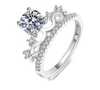 Grewod Anniversary Rings for Women, 9K White Gold Adjustable Crown 4 Prong 1ct White Round Lab Created Diamond Simple Rings Size P 1/2