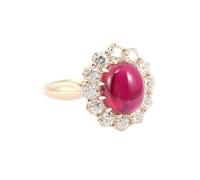 Grewod Band Ring Women 18K Gold Flower Shape with Oval Created Ruby and Round Moissanite Anniversary Wedding Rings Size O 1/2