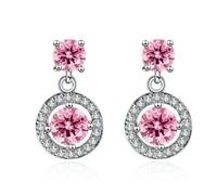 Grewod Dangle Earrings for Women, 9K White Gold Circle Pink Round Crystal with Diamond Earrings