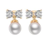 Grewod Elegant Earrings for Women, 18K Yellow Gold Bow-Knot White Round Pearl with Lab Created Diamond Dangle Earrings