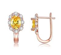 Grewod Fashion Earrings, Women 18K Rose Gold Flower Yellow Round Citrine with Moissanite Hoop Earrings