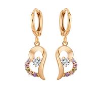 Grewod Fashion Jewellery Earrings for Women, 18K Gold Hollow Heart Multicolor Round Amethyst Pink Crystal Garnet with Moissanite Dangle Earrings