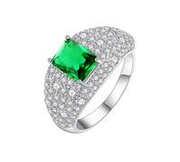 Grewod Finger Rings for Women Stylish, 9K White Gold Elegant Green Rectangle Tsavorite with Moissanite Wedding Ring Band Size J 1/2