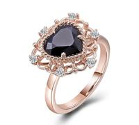 Grewod Finger Rings Women 9K Rose Gold Hollow Flower with Black Heart Moissanite Promise Engagement Rings Size O 1/2