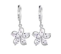 Grewod Huggie Earrings for Women, 18K White Gold Flower White Marquise Moissanite Hoop Earrings