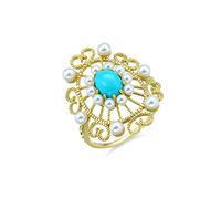 Grewod Jewellery Ring for Women 14K Gold Luxury Hollow Flower with Oval Turquoise Rings for Engagement Size J 1/2