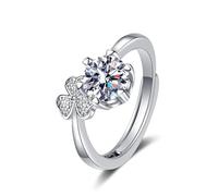Grewod Ladies Ring Finger, Women 14K White Gold Clover Adjustable White Round Lab Created Diamond Engagement Band Size K 1/2