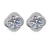 Grewod Ladies Stud Earrings, Women 9K White Gold Clover White Round Moissanite Earrings Jewellery