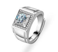 Grewod Men Rings Wedding, 18K White Gold Adjustable Wide White Round Moissanite Ring Fashion Size T 1/2
