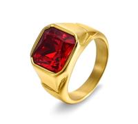 Grewod Men Stainless Steel Ring Gold Red Square CZ Wedding Bands Size X 1/2, 15mm, Cubic Zirconia Wide Fashion Rings Jewellery