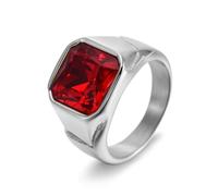 Grewod Men Stainless Steel Ring Silver Red Square CZ Wedding Bands N 1/2, 15mm, Cubic Zirconia Wide Unique Engagement Rings Jewellery