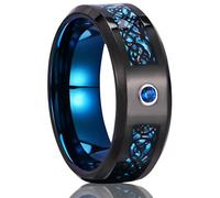 Grewod Men Wedding Ring Tungsten 8mm Black Blue Two Tone Carbon Fiber Inlay with Cubic Zirconia Comfort Fit Engagement Rings Jewellery Size R 1/2